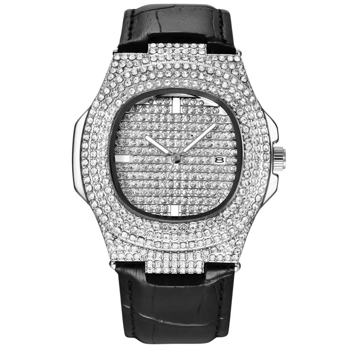 Leder Iced Out Quarz Uhr