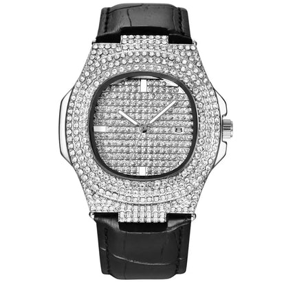 Leder Iced Out Quarz Uhr