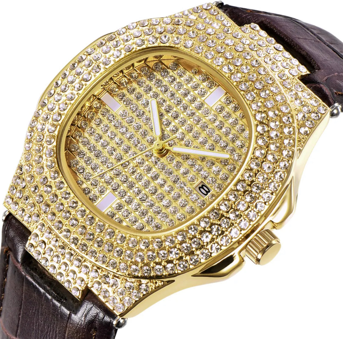 Leder Iced Out Quarz Uhr